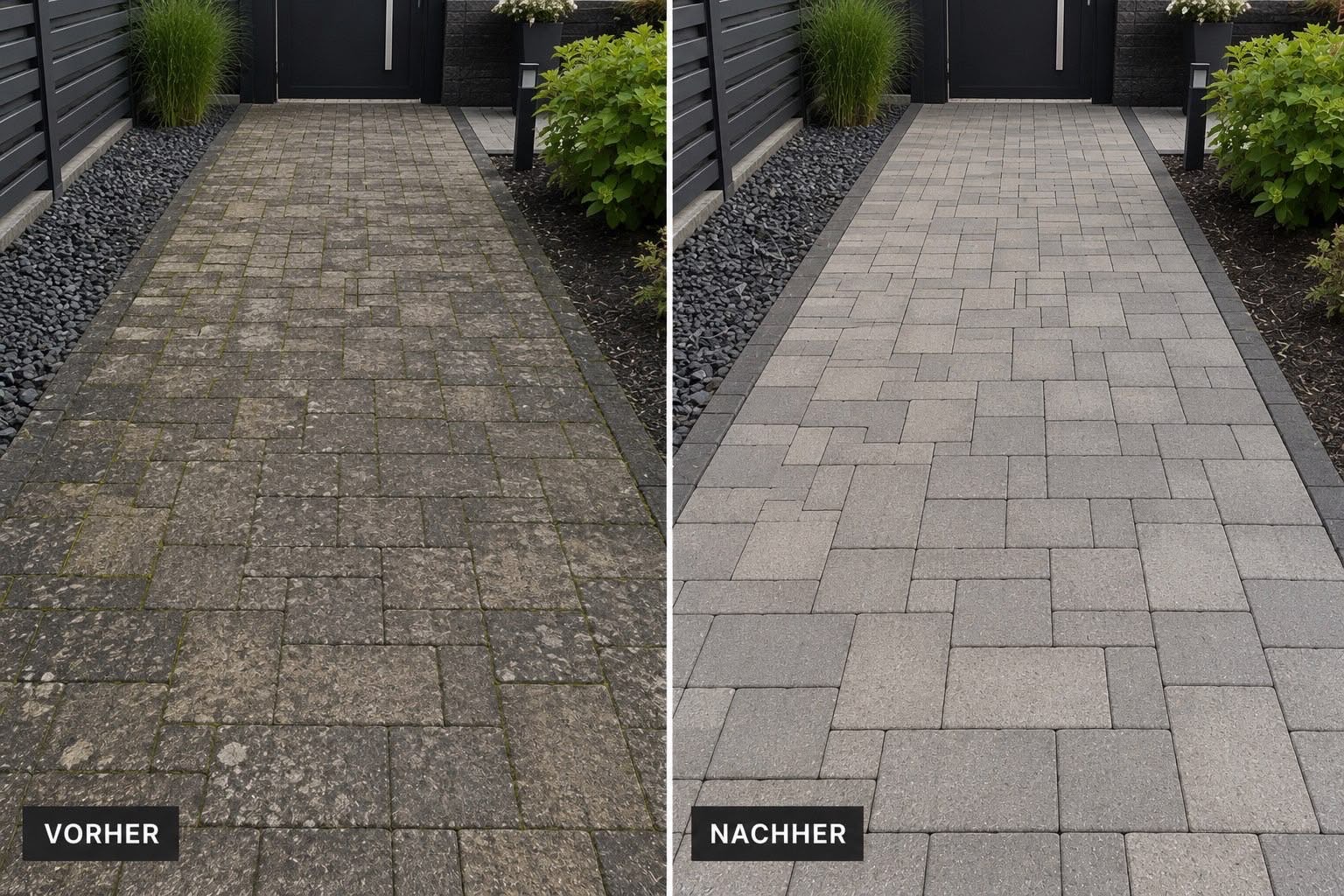 Hauseingangsweg links vermoost, rechts wieder grau und sauber