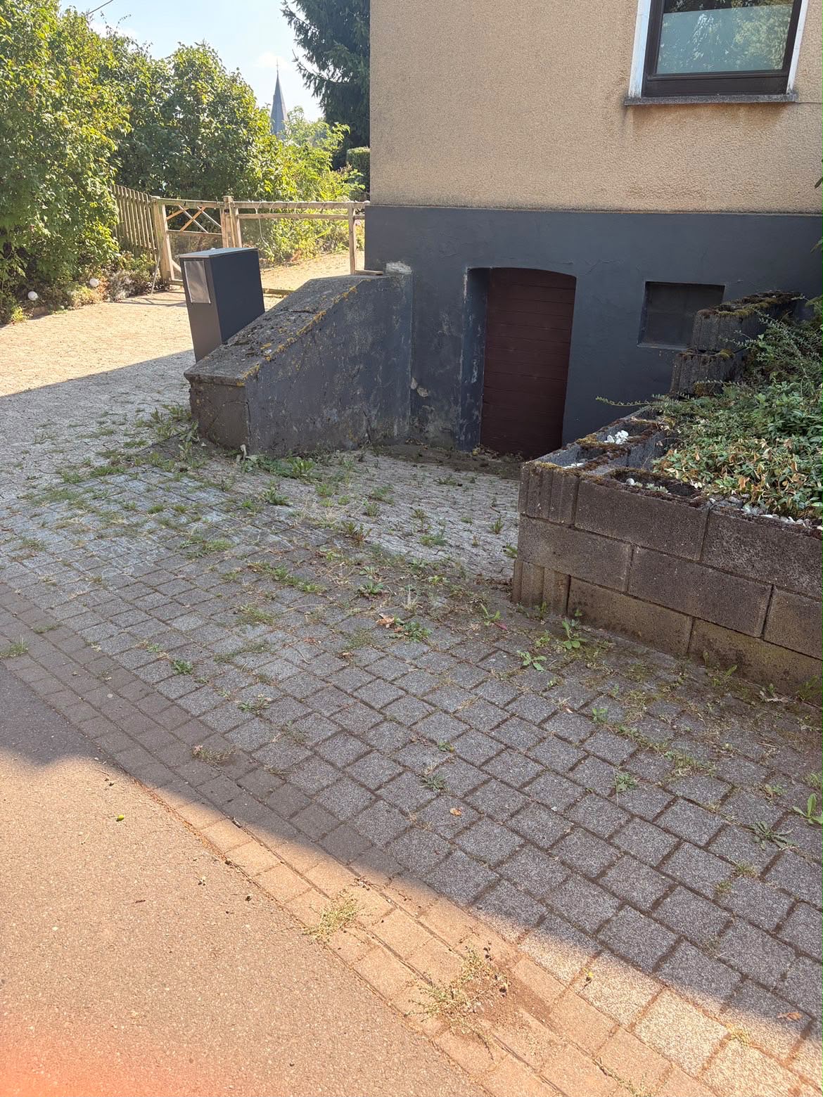 Hoffläche mit Unkraut in den Fugen vor der Bearbeitung