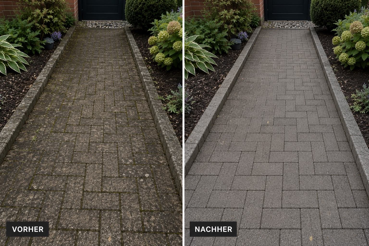 Hauszugang links mit Moos, rechts nach Reinigung und Neuverfugung