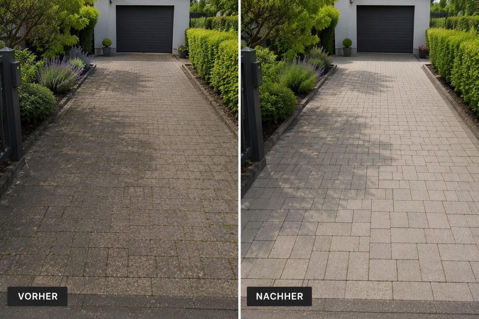 Garagenzufahrt vor und nach der Pflasterreinigung