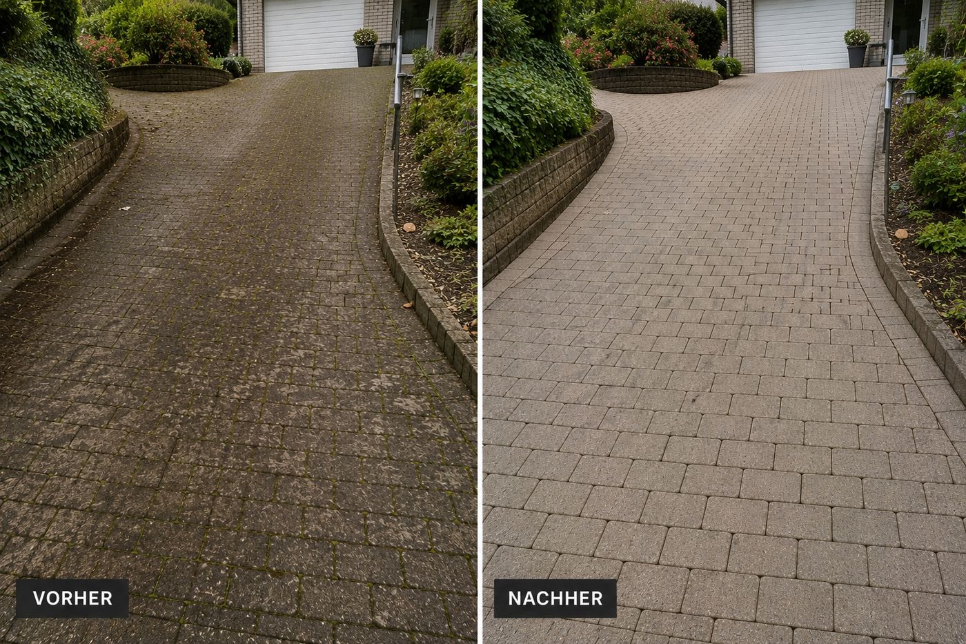 Beispielbild: gepflasterte Einfahrt im Vergleich, links verschmutzt, rechts sauber